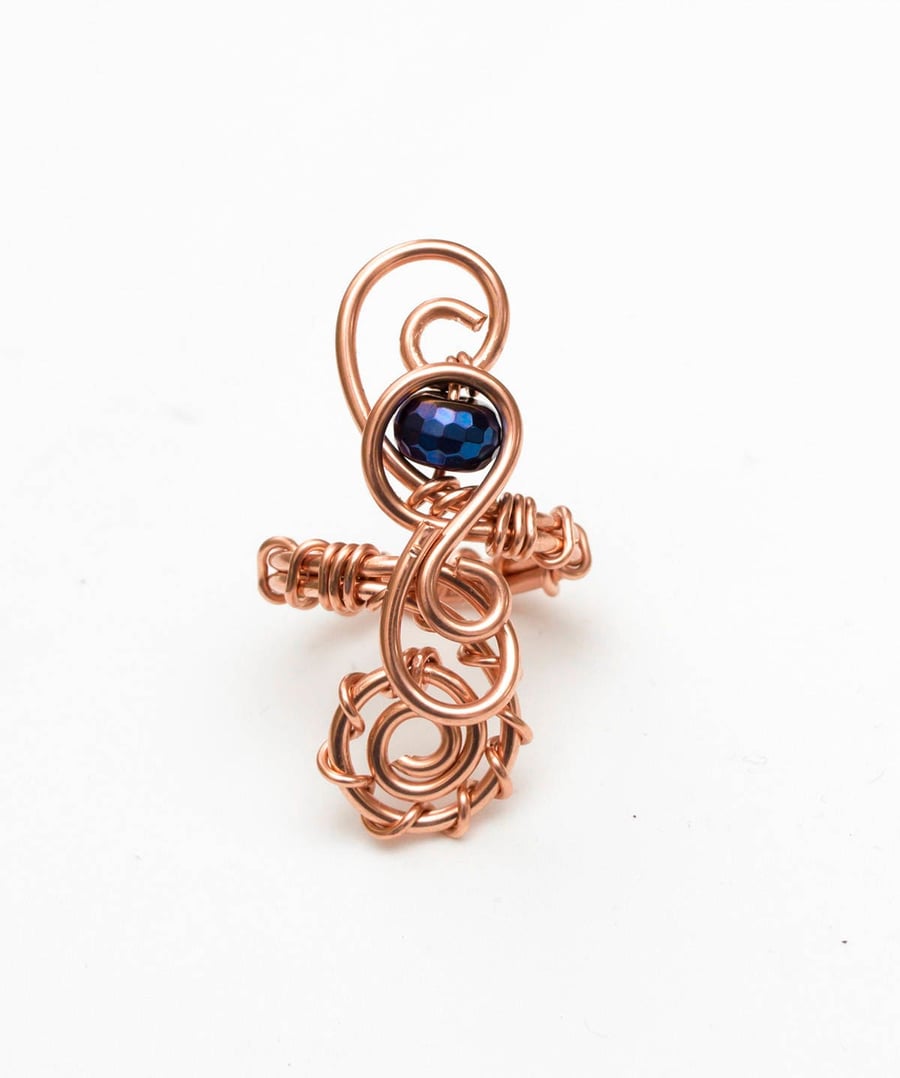 Blue Coated Haematite Wire wrapped shiny copper ring ,Adjustable copper ring, 