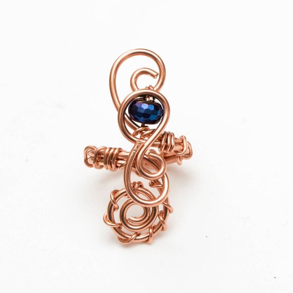 Blue Coated Haematite Wire wrapped shiny copper ring ,Adjustable copper ring, 