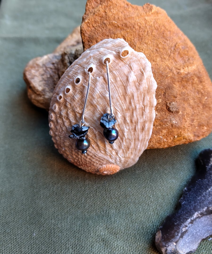 Small Black Pearl and Snowflake Obsidian Earrings made with 925 Sterling Silver