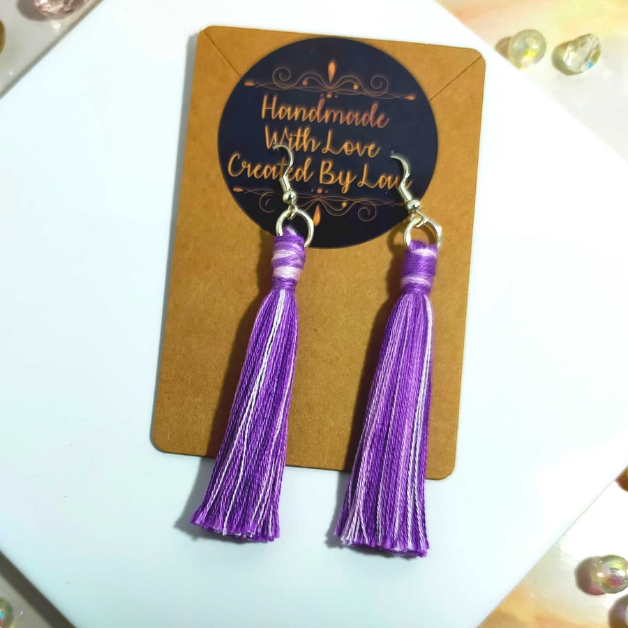 Handmade Purple Boho Earrings Cotton Tassel Macrame Silver Plated Earrings