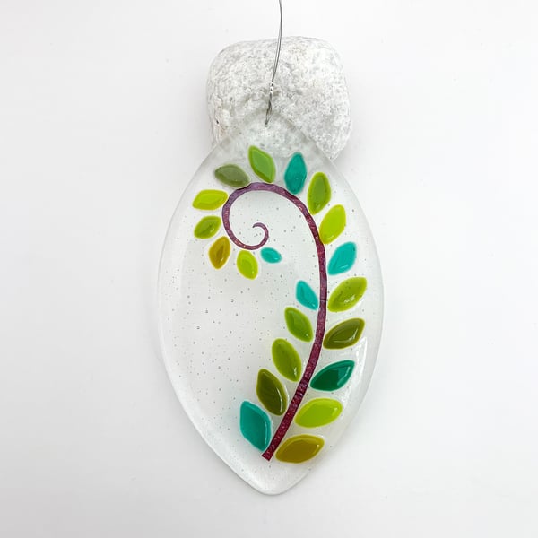 Fused Glass Fern Ellipse Hanging - Handmade Glass Suncatcher