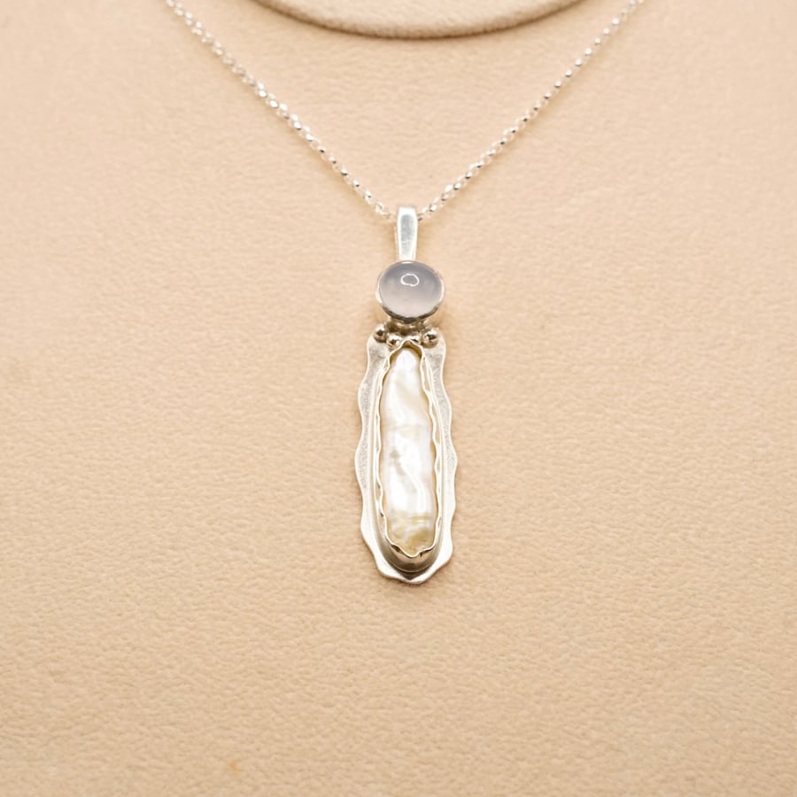 Biwa Pearl Drop Pendant with Chalcedony  Handmade Unique