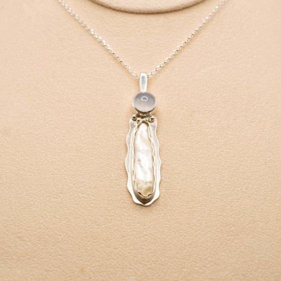 Biwa Pearl Drop Pendant with Chalcedony  Handmade Unique
