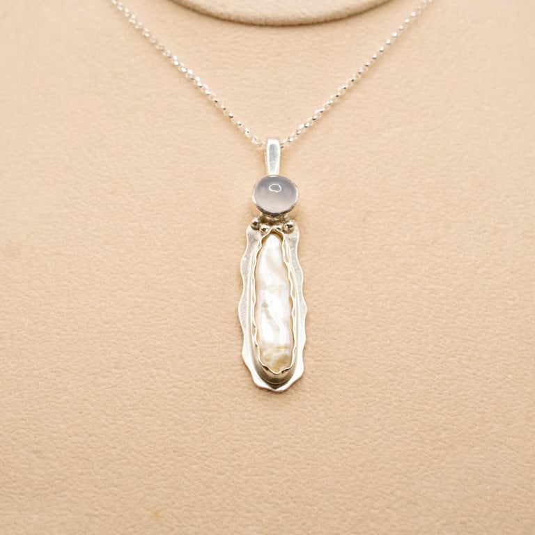 Biwa Pearl Drop Pendant with Chalcedony  Handmade Unique