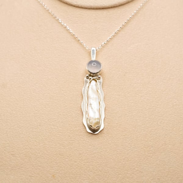 Biwa Pearl Drop Pendant with Chalcedony  Handmade Unique