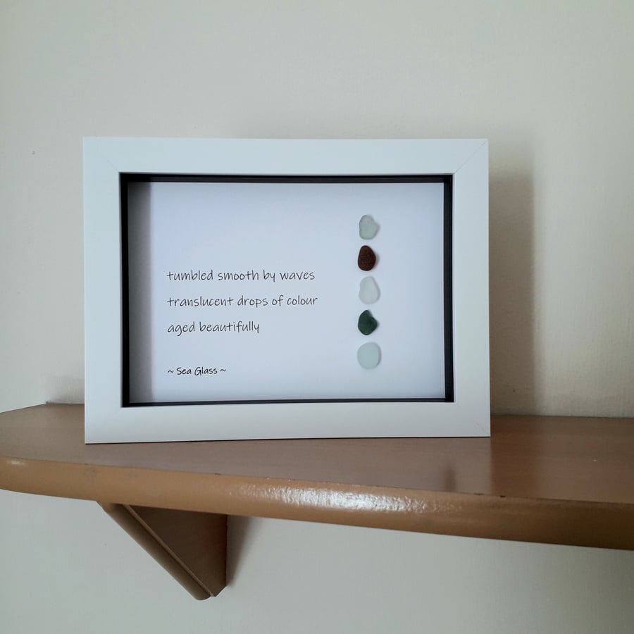 Sea Glass Picture with Original Haiku Poem Framed 6 x 8 inches, Unique Handmade 