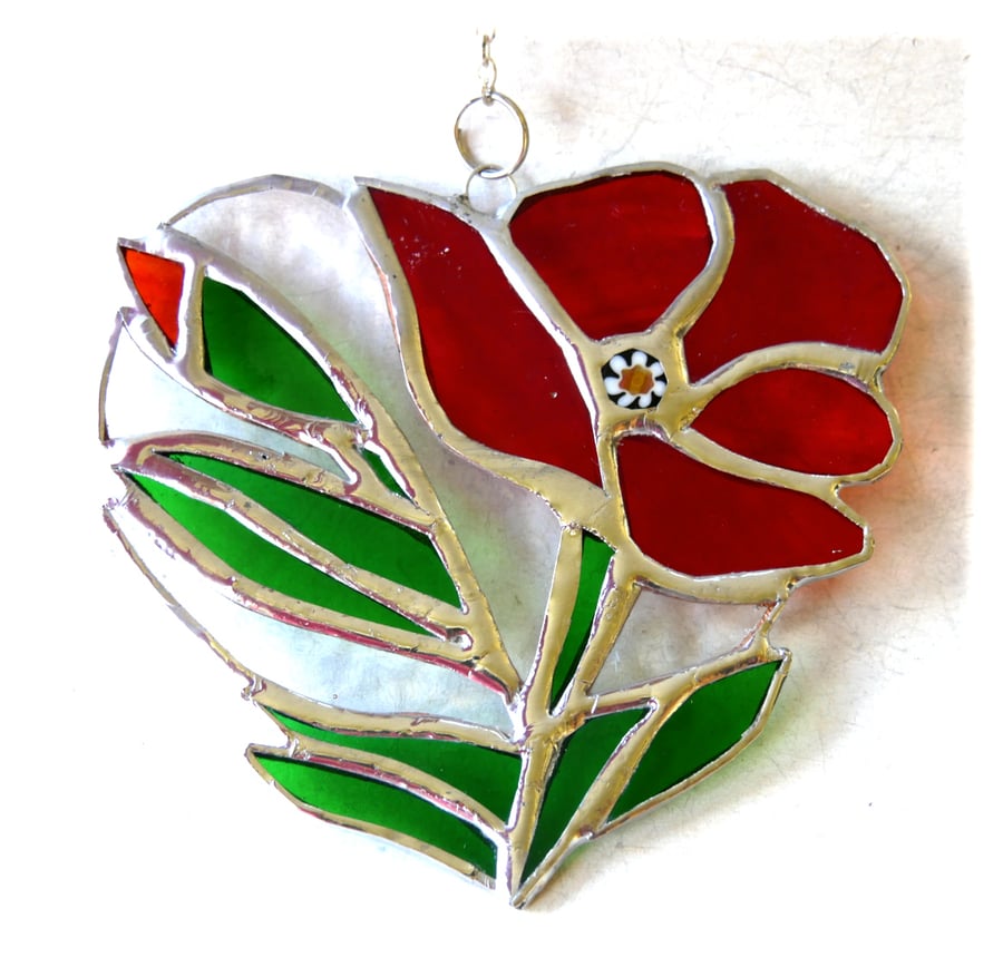 SOLD 230331 Poppy Heart Suncatcher Stained Glass Flower 