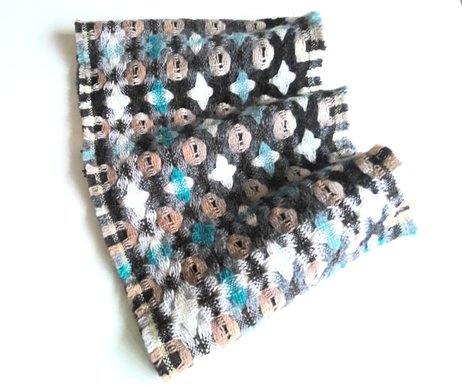 Handwoven Lambswool Cowl in Grey, Brown and Teal 12