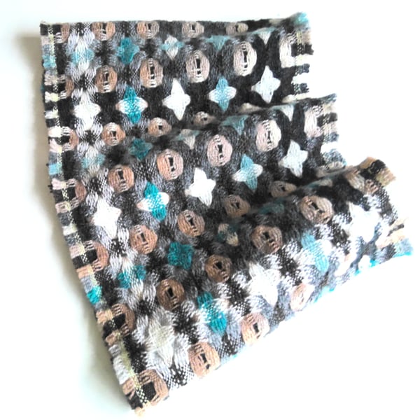 Handwoven Lambswool Cowl in Grey, Brown and Teal 12