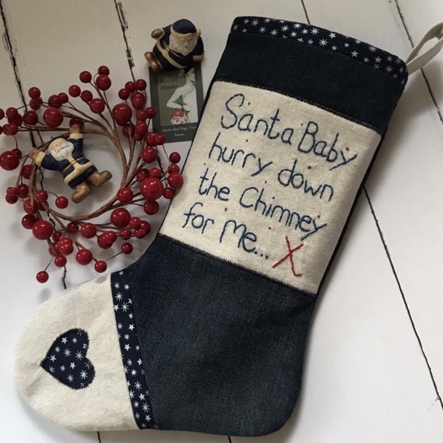 Luxury Denim and Linen Embroidered with 'Santa Baby' Christmas Stocking 