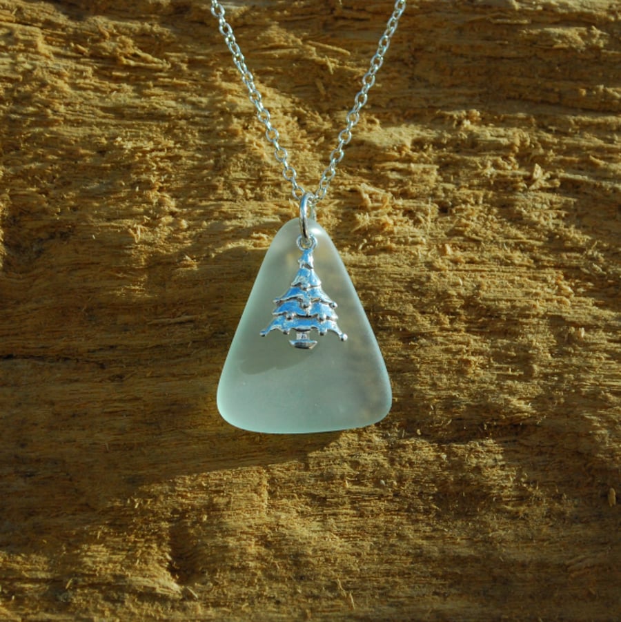Aquamarine beach glass pendant with Christmas tree charm
