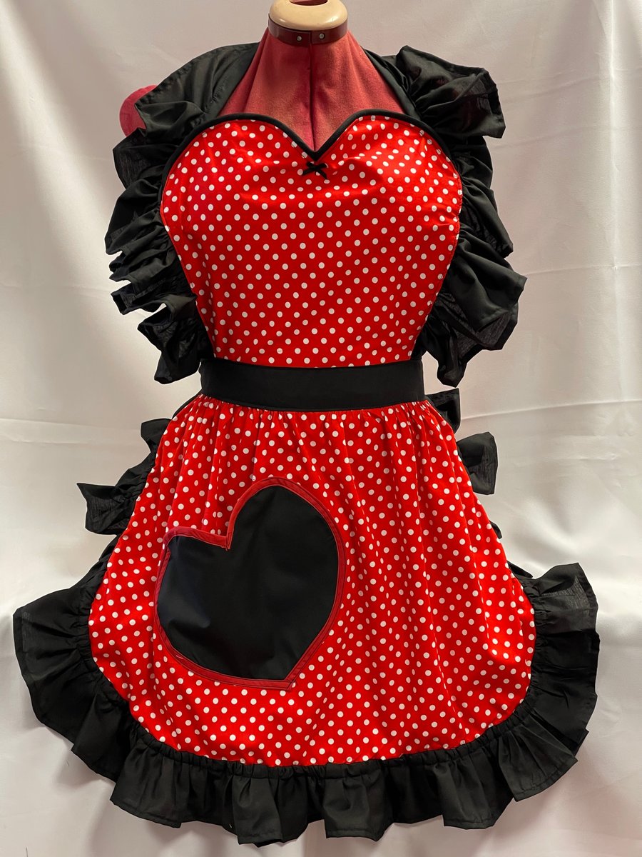Retro Vintage 50s Style Full Apron with Heart Shaped Top and Pocket, Red