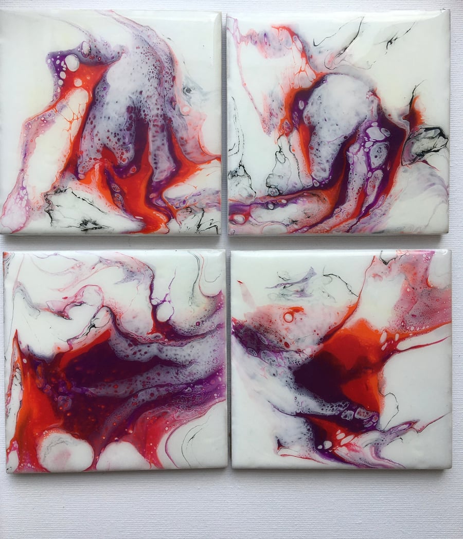 SALE. Abstract, white, purple, red, coasters, set of 4,  acrylic, resin.  
