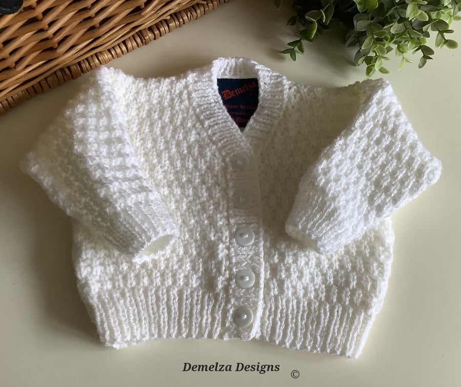White Hand Knitted Baby Cardigan 3-9 months size 