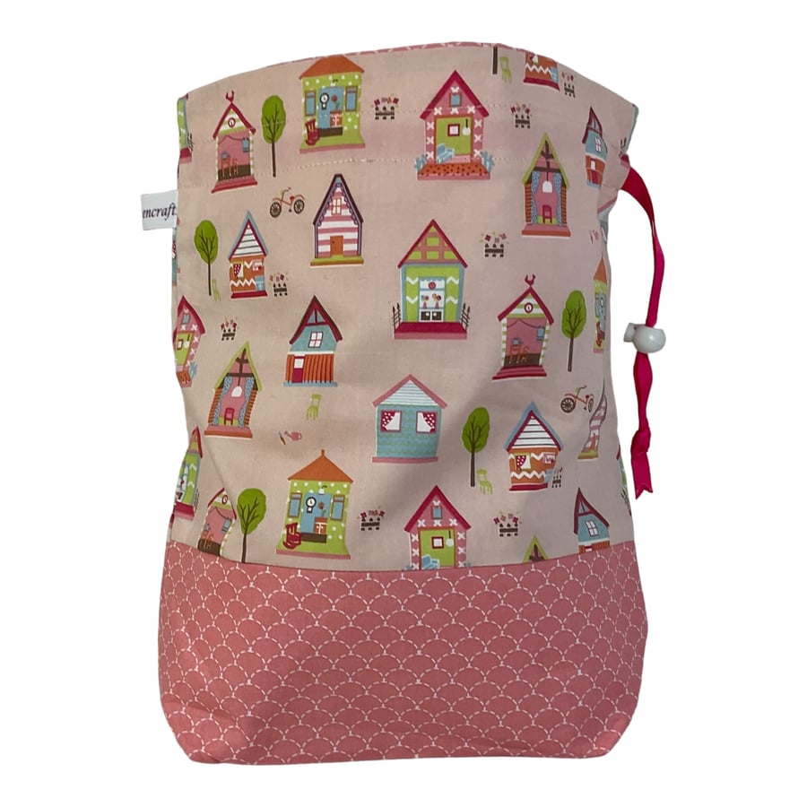 two at a time knitting bag with house print, drawstring divided pouch, 