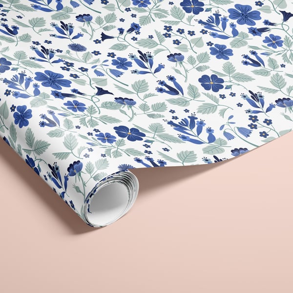 Dainty Blue Florals Wrapping Paper FSC 50x70cm 3 Sheets or Roll