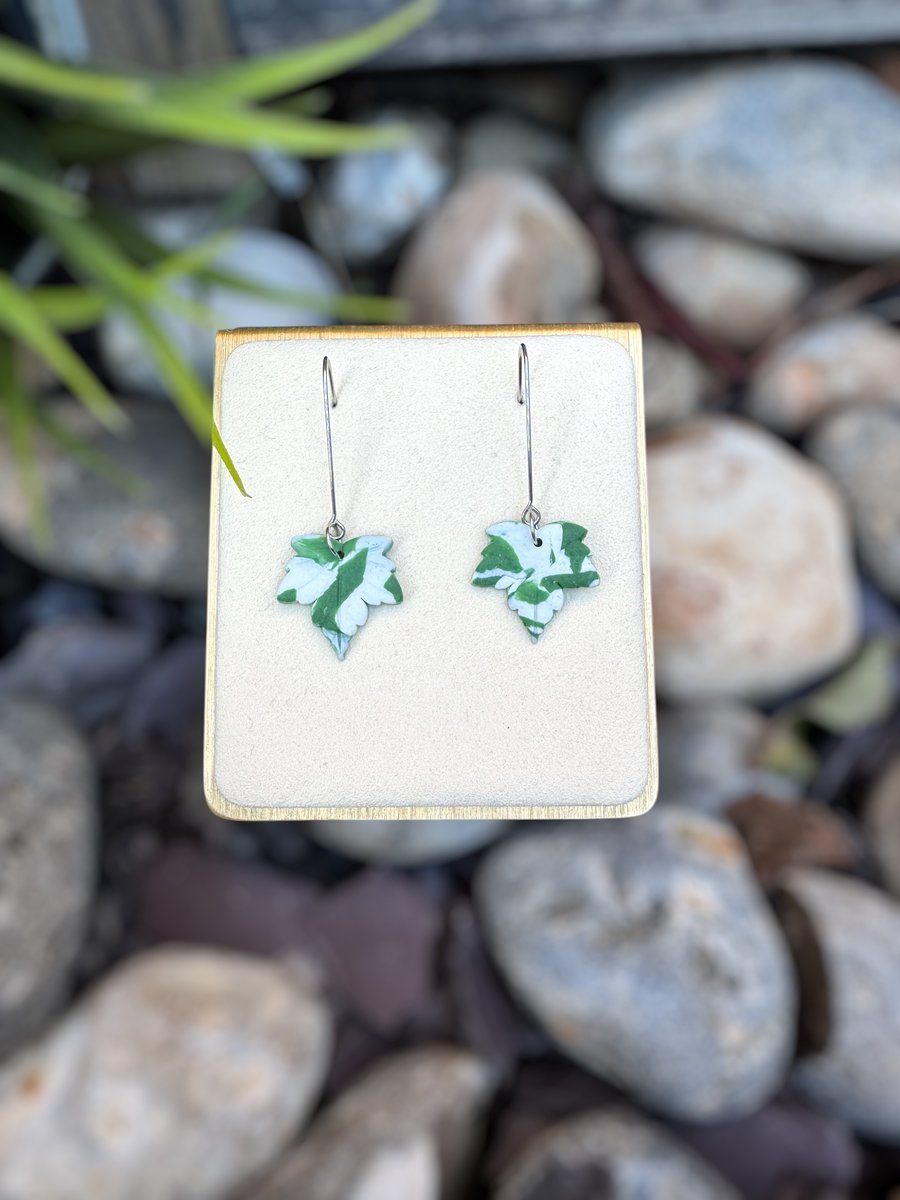 White and Green Leaf Earrings