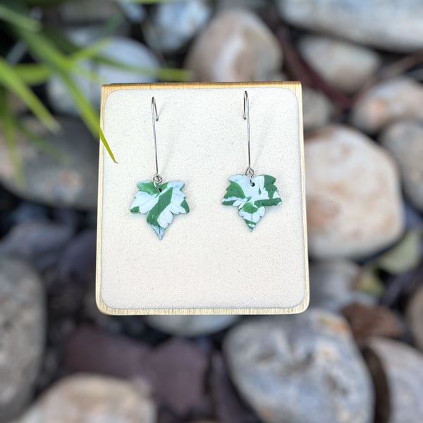 White and Green Leaf Earrings