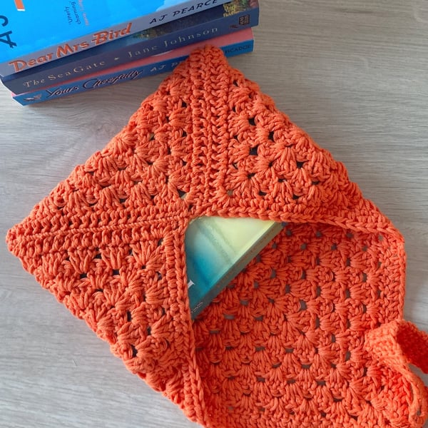 Granny Square Book Sleeve - Book Wrap -  Orange Crocheted Book Sleeve