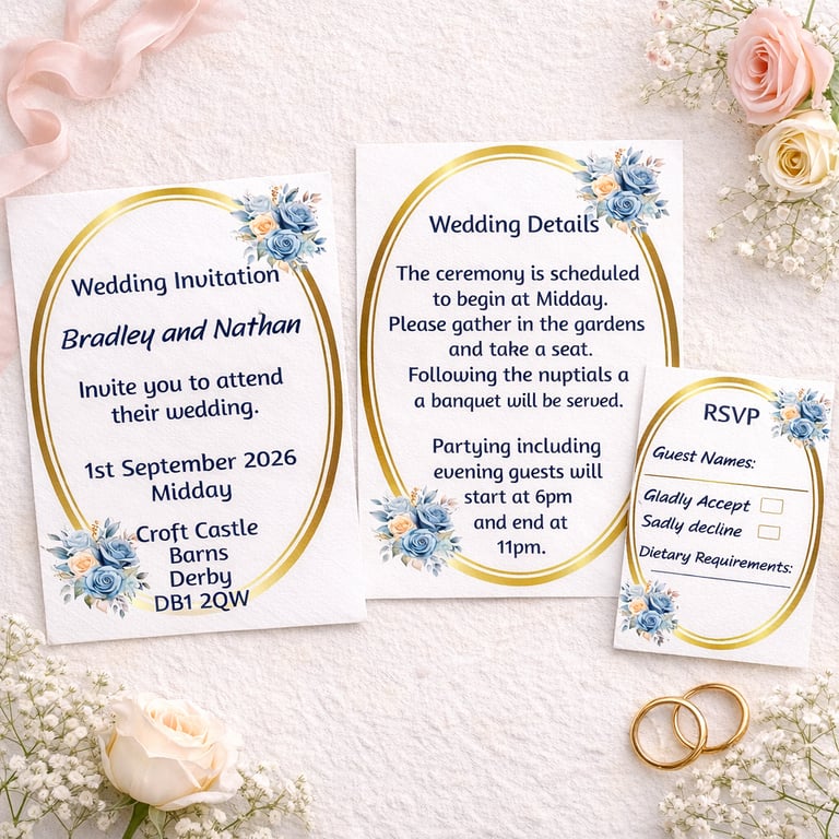 Regal Blue Bloom Wedding Invitation Set with RSVP & Details Card 