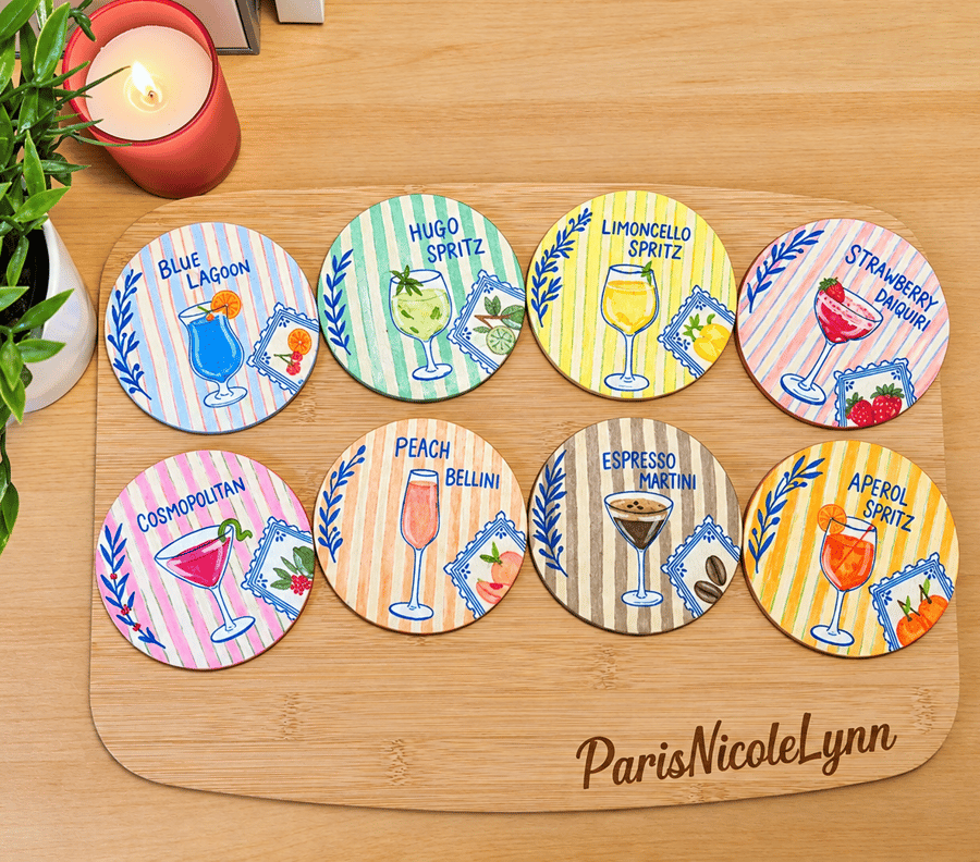The Happy Hour Collection - Original Hand-Painted Wooden Coaster Set