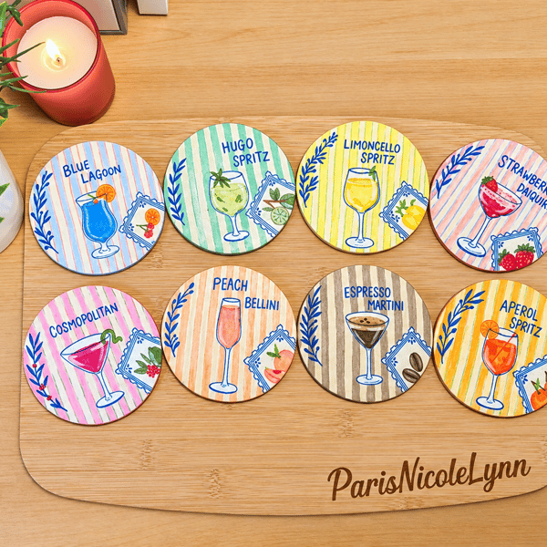 The Happy Hour Collection - Original Hand-Painted Wooden Coaster Set