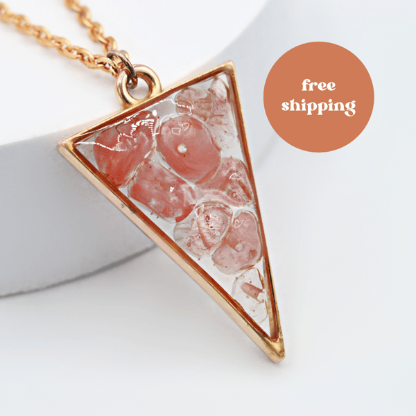 Strawberry Quartz Rose Gold plated Triangle Worry Stone Necklace - Free Postage