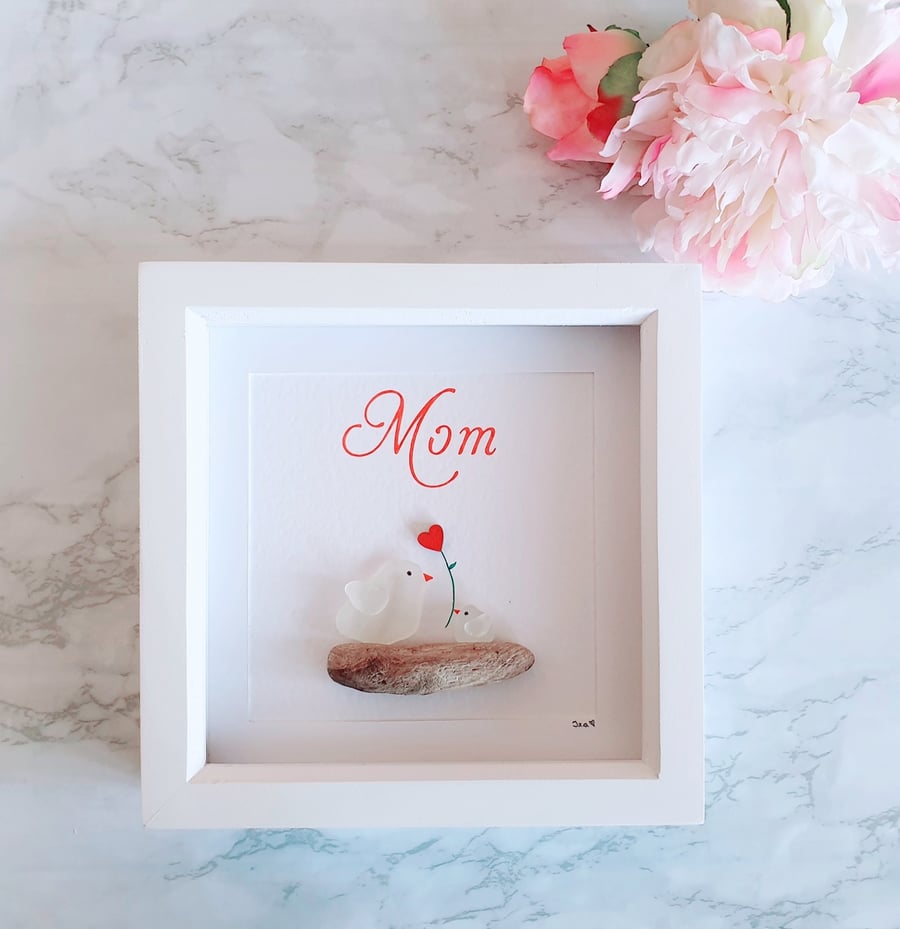 Seaglass and driftwood birds "MOM"