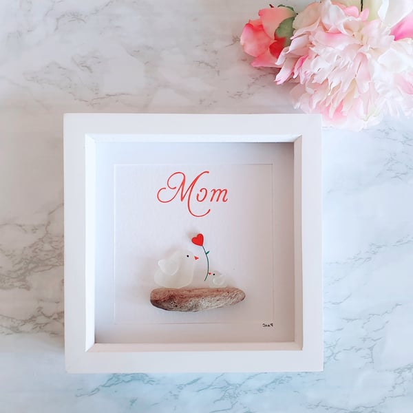 Seaglass and driftwood birds "MOM"