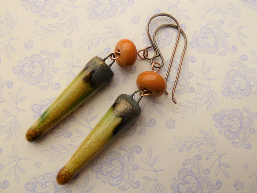 orange, yellow and green copper earrings