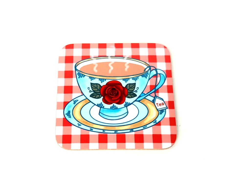 Vintage Tea Cup on Red Gingham Coaster