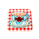 Vintage Tea Cup on Red Gingham Coaster