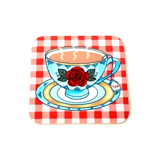 Vintage Tea Cup on Red Gingham Coaster