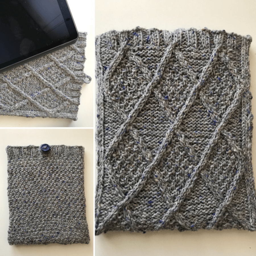 Handknitted iPad cover - aran design - blue grey marled wool