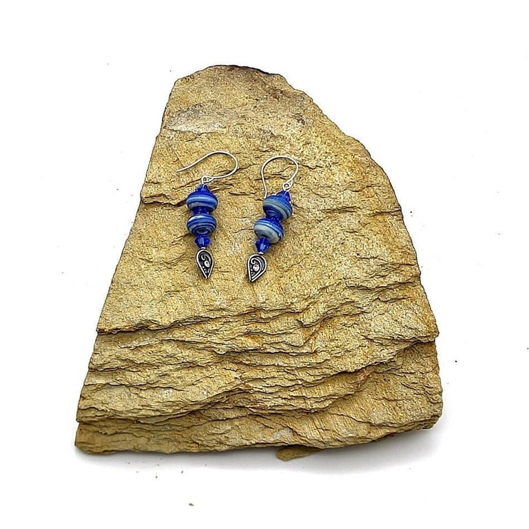 Sterling Silver Dangle Earrings Artisan Lampwork Glass, Swarovski Crystal