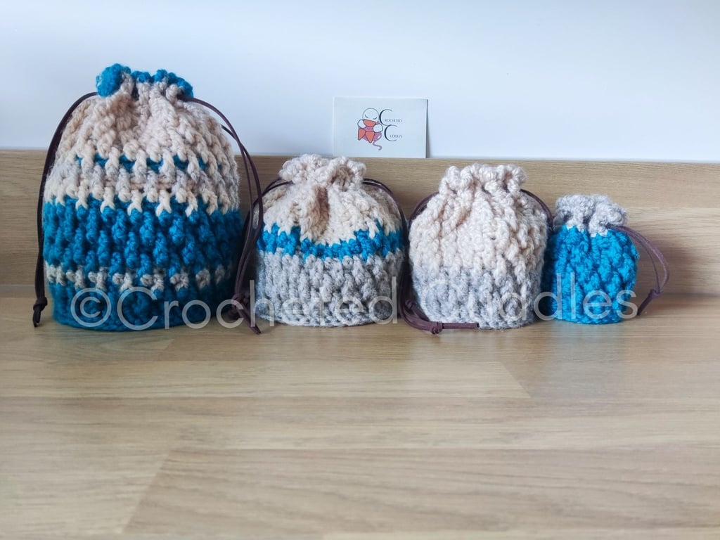 Handmade Crocheted Drawstring Bag, four sizes available