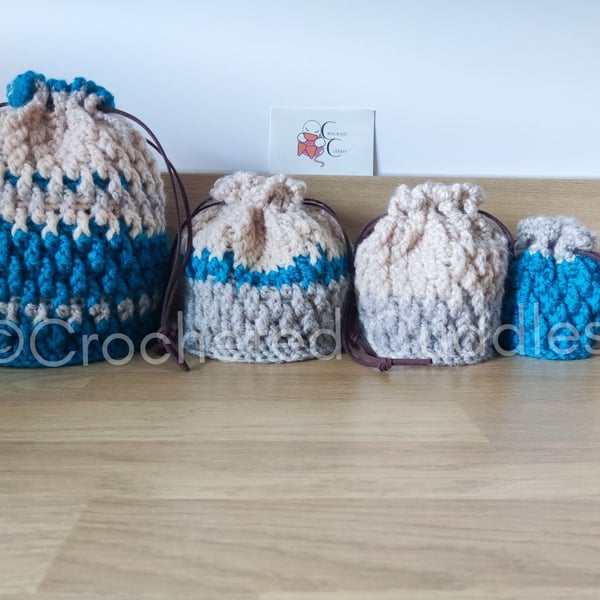 Handmade Crocheted Drawstring Bag, four sizes available