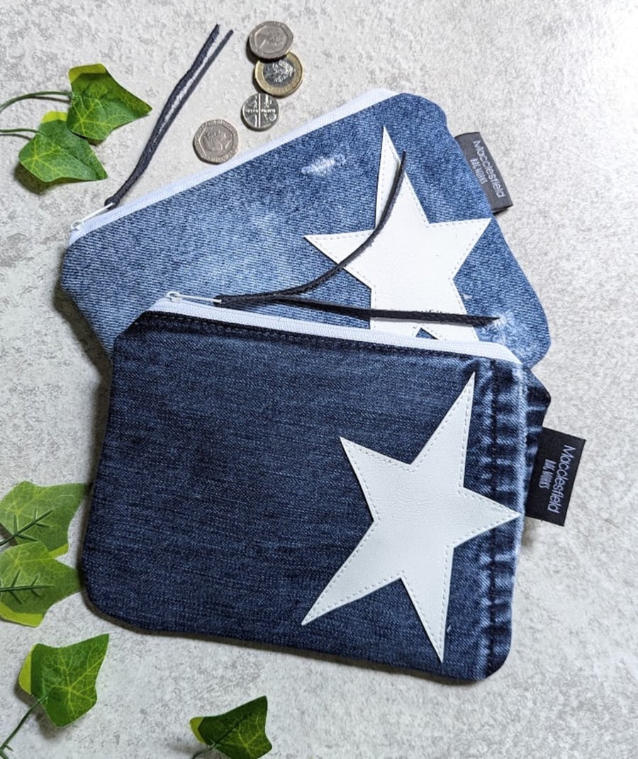 Denim Purse Large Pouch Purse, Pencil Case or Makeup Bag White Star Motif 