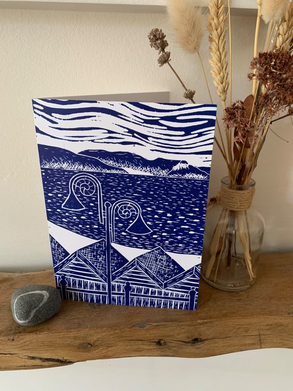 original Lino print card of Lyme Bay
