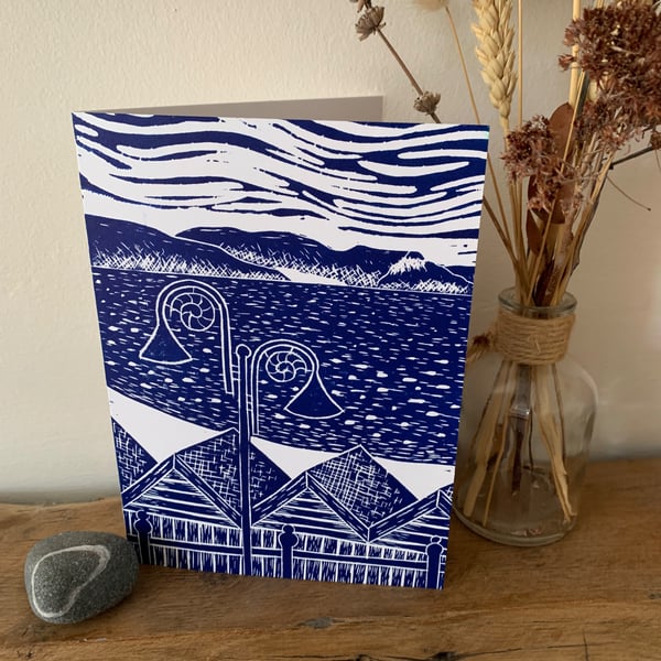original Lino print card of Lyme Bay