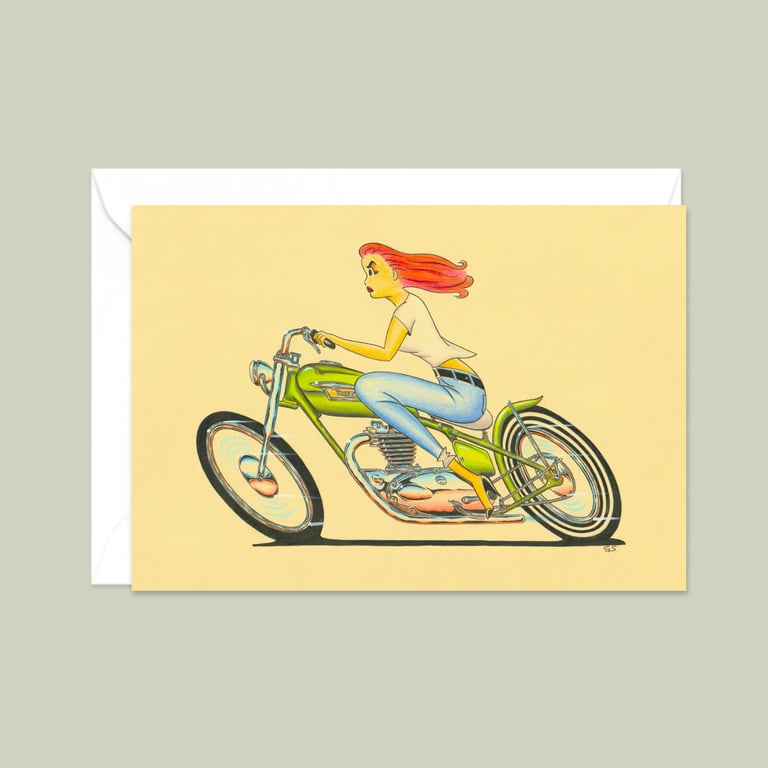 Biker Babe Greeting Card: Hand Drawn Pencil Illustration (306)