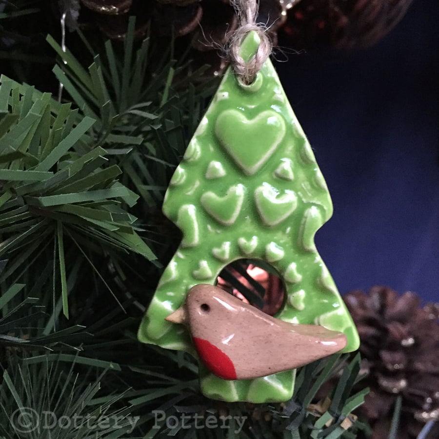 Ceramic Robin in a Christmas tree Pottery Christmas decoration