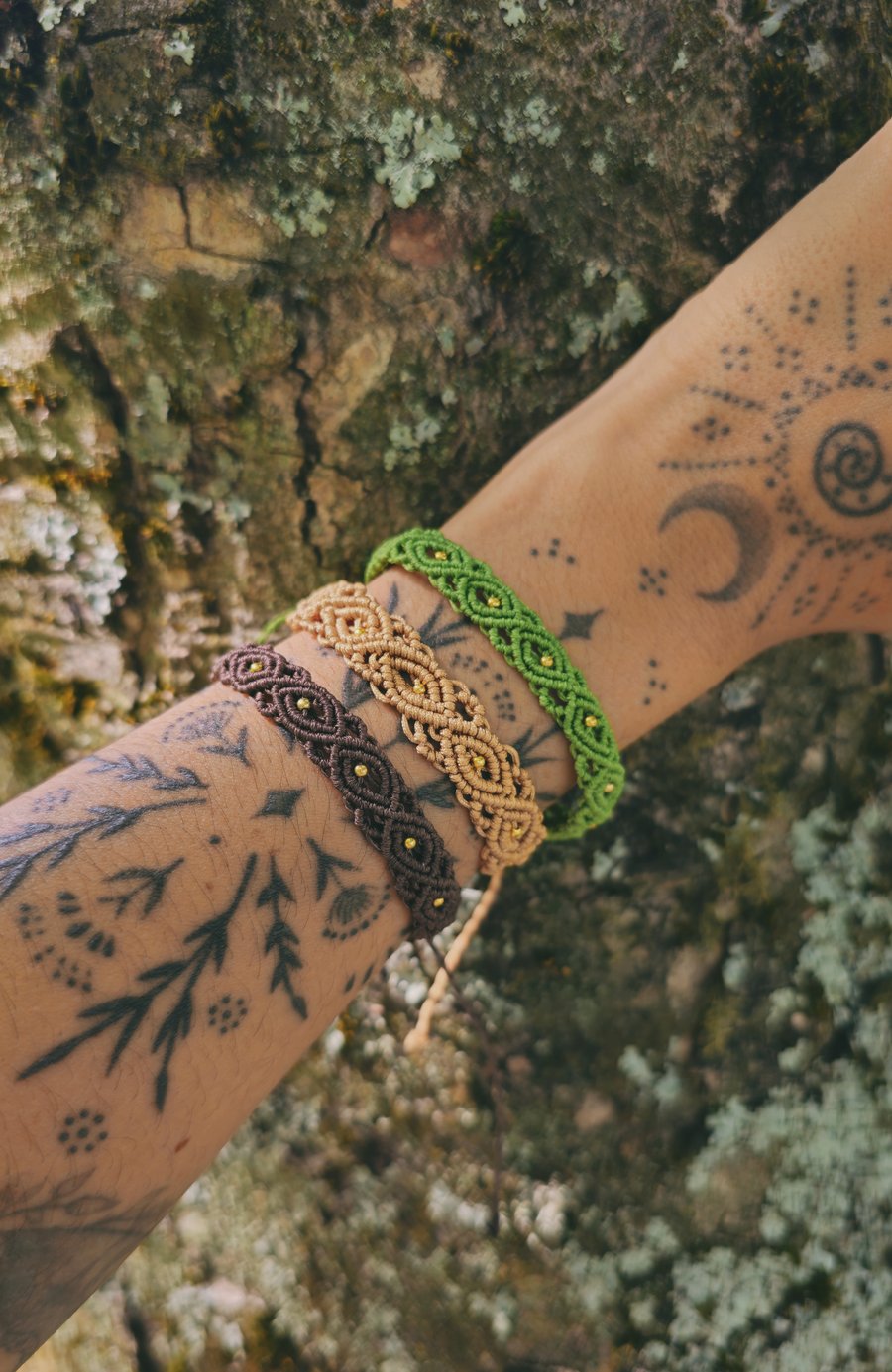 Gold Beaded Adjustable Macrame Bracelet – Brown, Green, Beige