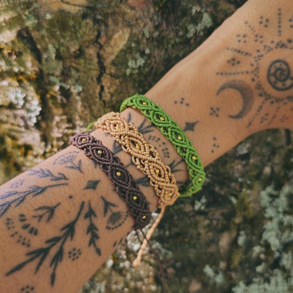 Gold Beaded Adjustable Macrame Bracelet – Brown, Green, Beige