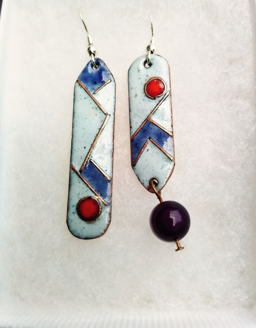 QUIRKY MODERN ABSTRACT ODD-BOD ENAMELLED EARRINGS WITH STERLING SILVER HOOKS