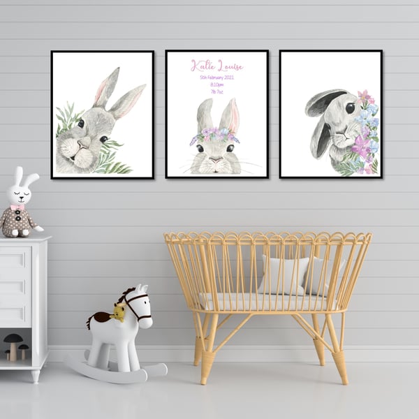 Set of 3 Personalised Bunny Rabbit Themed prints for Children