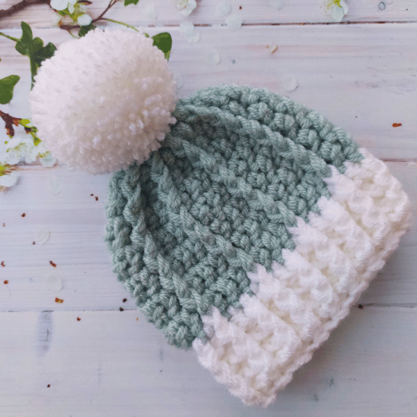 Baby Chunky Bobble Hat in Duck Egg and White - Size 0-3 Months - Ready to Post