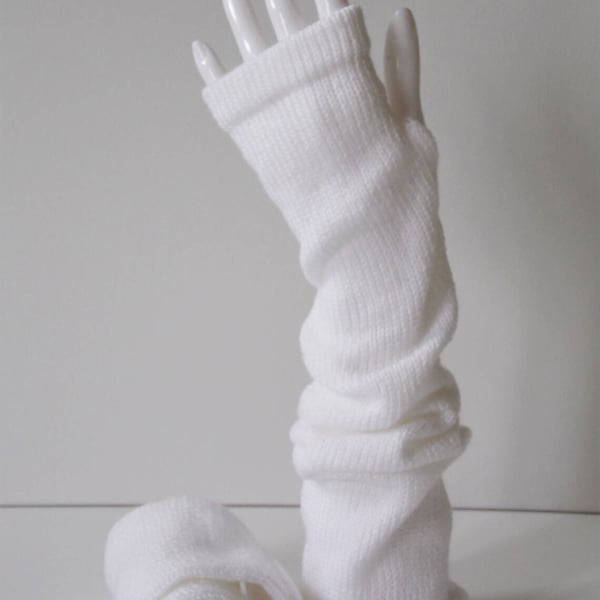 Handmade white fingerless gloves,  knitted arm warmers, wrist warmers 