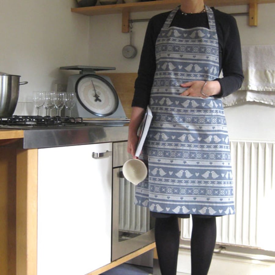 Christmas Apron with Scandinavian Print of Snowflakes, Hearts, Birds