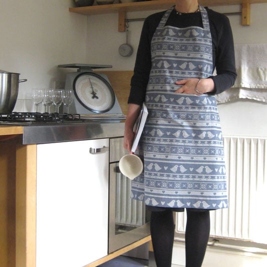 Christmas Apron with Scandinavian Print of Snowflakes, Hearts, Birds